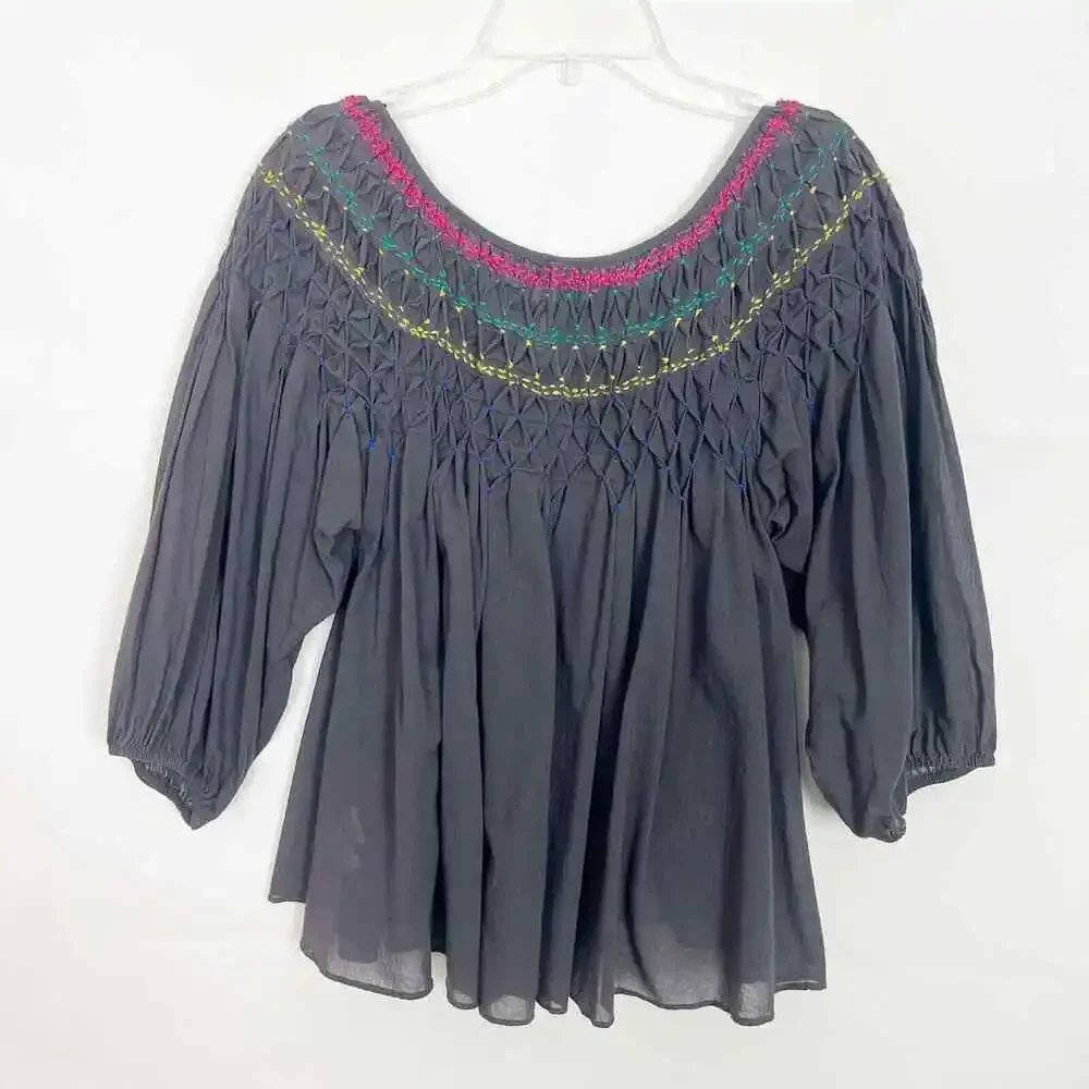 Free People Embroidered Boho 3/4 Puff Sleeve Gray Top Size XS